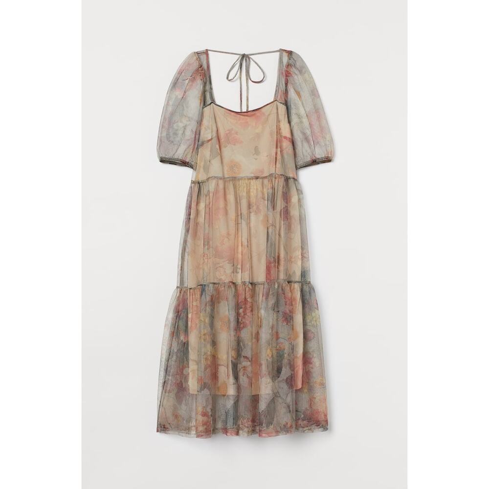 H&M Women's Floral Puff Sleeve Organza Midi Dress Fairy Cottage Core Small